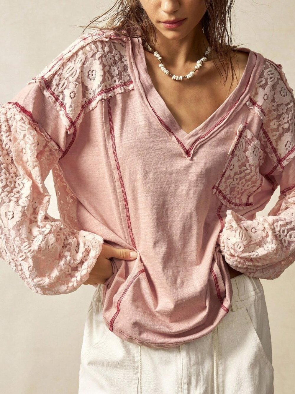 Pink Casual Women's Plus Size V-Neck Lace Patchwork Long Sleeve Sweatshirt